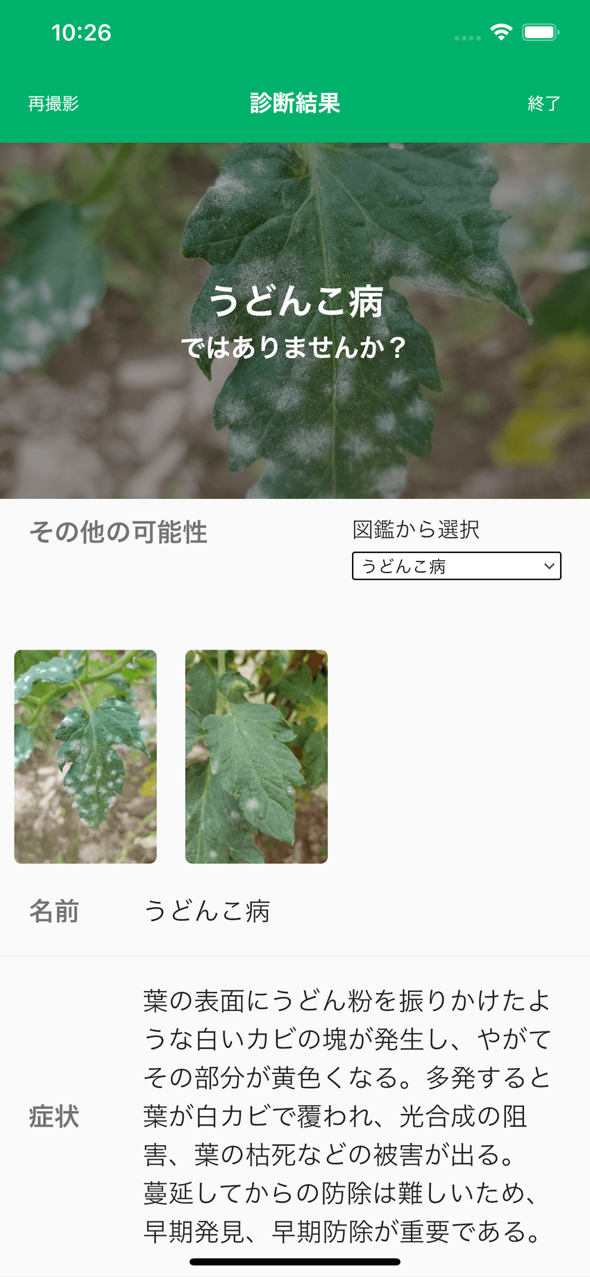 診断結果画面(例: うどんこ病ではありませんか?)